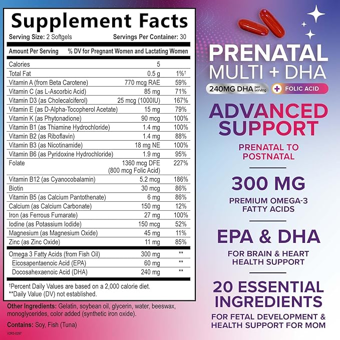 Women's Prenatal Multivitamin with Folic Acid + DHA, Prenatal Vitamin Supplement for Fetal Support w/Folate, Omega 3, Vitamins D3, B6, B12 & Iron, Pregnancy Prenatal DHA, Non-GMO - 60 Softgels