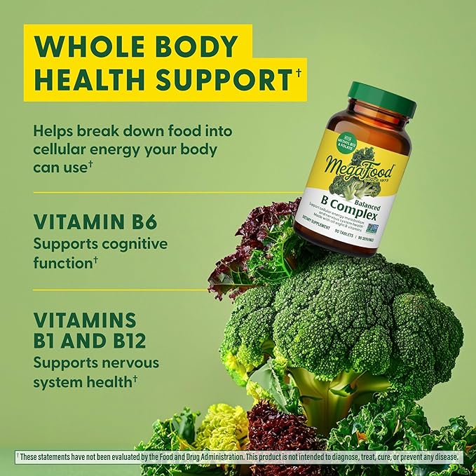 MegaFood Balanced B Complex - B Complex Vitamin Supplement, 8 B Vitamins Including Vitamin B6, Vitamin B12, Folate, Biotin & More, Supports Cellular Energy Production, Vegan, Gluten Free - 90 Tablets