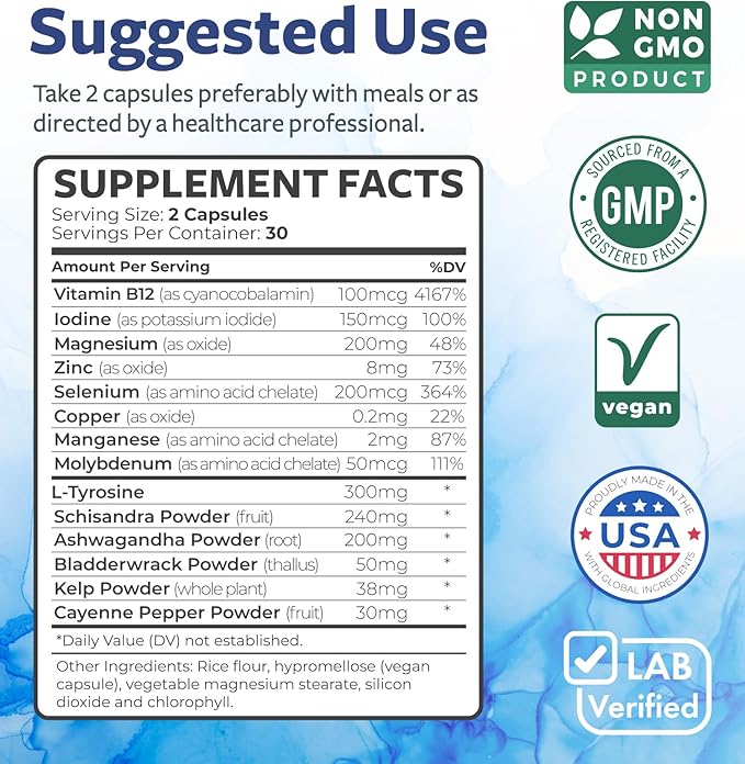 Thyroid Support with Iodine (Non-GMO) Improve Your Energy & Mood - Metabolism Booster for Weight Loss - Thyroid Health Supplement for Women and for Men - Ashwagandha, Zinc, B12 Complex - 60 Capsules