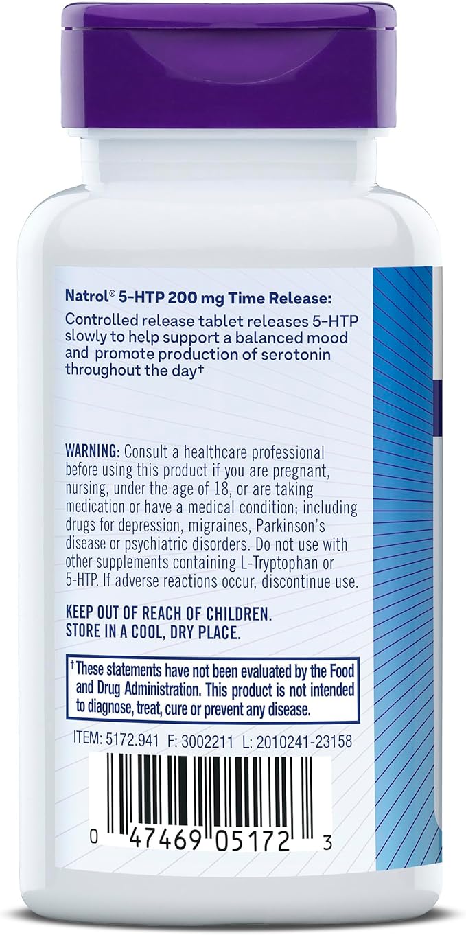 Natrol Mood + Stress 5-HTP 200mg Time Release Tablets, 30 Count, 30 Day Supply