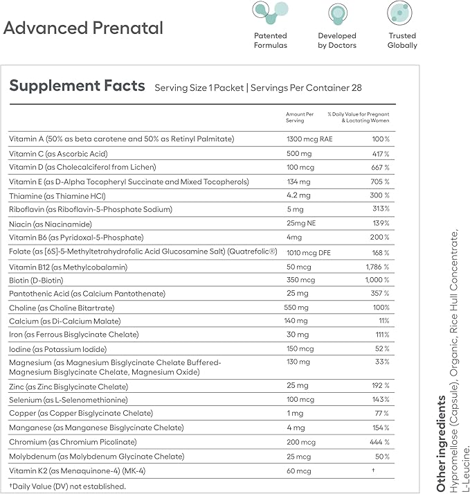 Advanced Prenatal, Prenatal Vitamins for Women with Choline, Methylfolate, Chelated Iron, Vitamins A, B6, and B12, 4-Week Supply Prenatal Multivitamin (28 Capsule Packs)