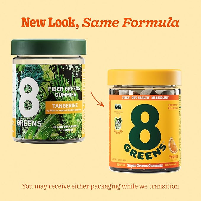 8Greens Fiber Super Greens Gummies | Fiber, Gut Health, Metabolism. Digestive Health, Boost Immune System & Digestive Health with 8 Real Greens - Non-GMO Formula, Gummy, Tangerine Flavor, 50 Count