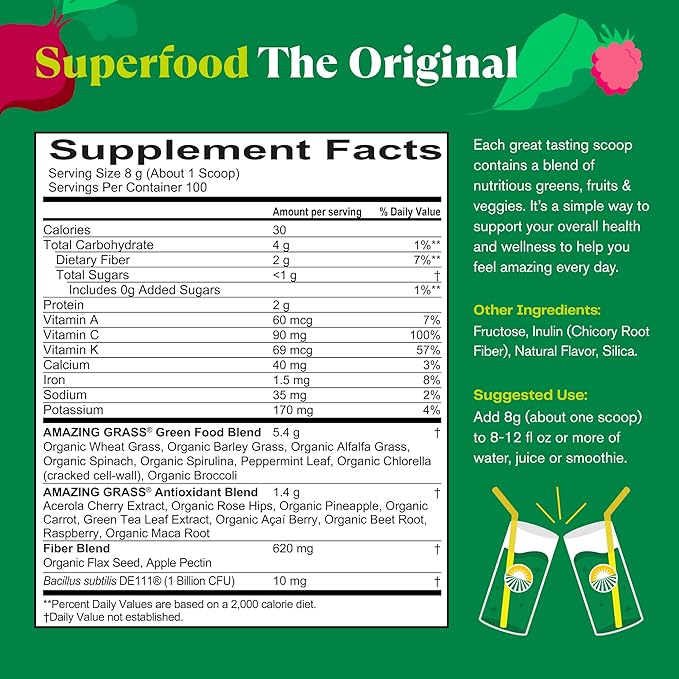Amazing Grass Greens Superfood Powder: Greens Powder with Digestive Enzymes & Probiotics, Organic Spirulina, Chlorella, and Beet Root Powder, Original, 100 Servings
