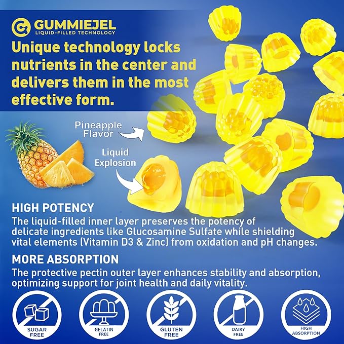 Sugar Free Glucosamine Chondroitin MSM Filled Gummies 3100mg -Joint Support Supplement - Plus Turmeric, Boswellia, Hyaluronic Acid & Vitamin D3, Mobility, Comfort, Flexibility & Bone Support, 120Cts