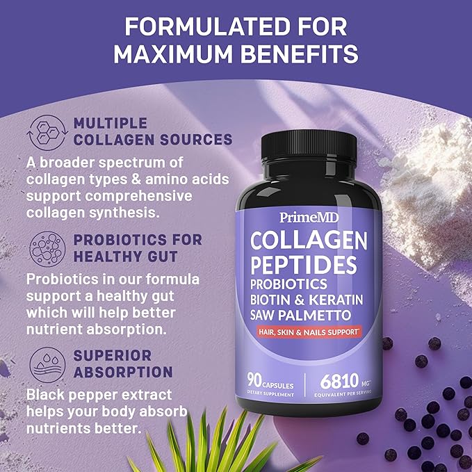 27-in-1 Hair Skin and Nails Vitamins (6810mg) w/Biotin 10000mcg - Collagen Supplements for Men and Women Hair Growth Vitamins, Keratin Supplements with Probiotics, Saw Palmetto (90 ct, Pack of 2)