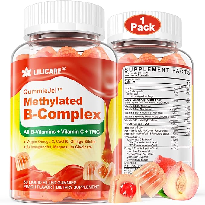 Vitamin B Complex Filled Gummies for Women & Men, Methylated B Complex w/Omega 3, Magnesium,CoQ10, Ashwagandha,Vitamin C, TMG -All B Vitamins- B1,B2,B3,B5,B6,B7,B9 Folate,B12,Inositol,PABA, Sugar Free
