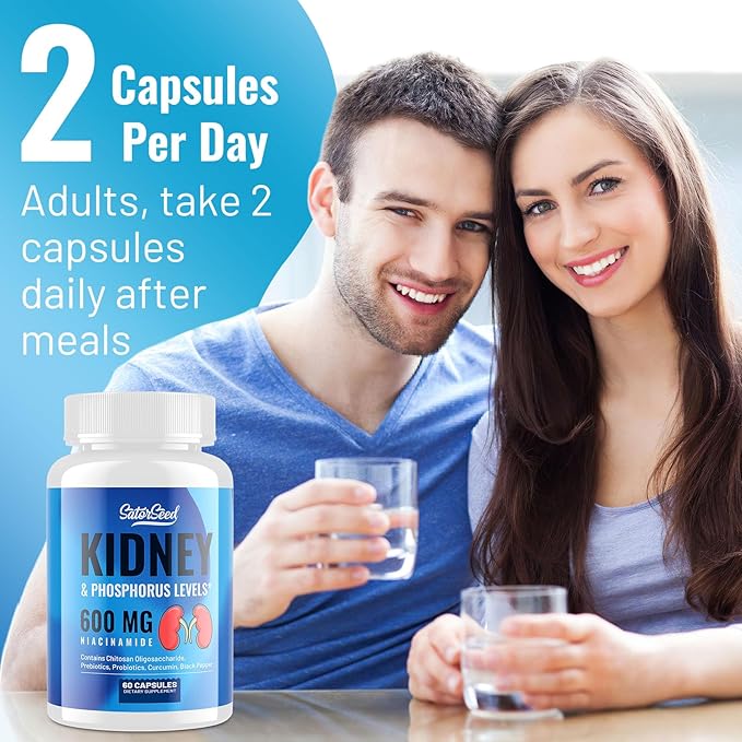 Kidney Support Supplement Cleanse Detox Kidney Chitosan Oligosaccharides Supplement Niacinamide 600mg, Kidney & Phosphorus Levels, Prebiotics & Probiotics, Curcumin & Black Pepper - 60 Capsules