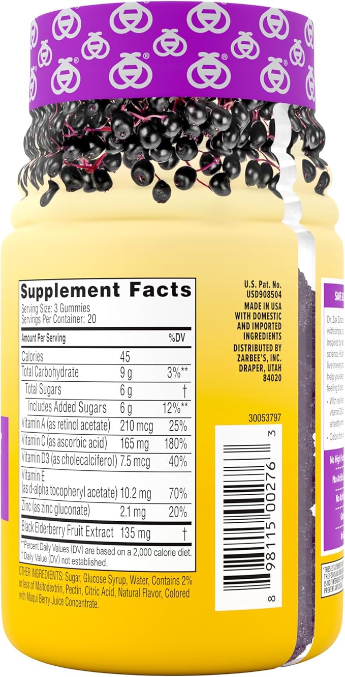 Zarbee's Elderberry Gummy Daily Immune Support Supplement with Vitamins A, C, D, E & Zinc, Black Elderberry Fruit Extract, Natural Berry Flavor, 60 Count