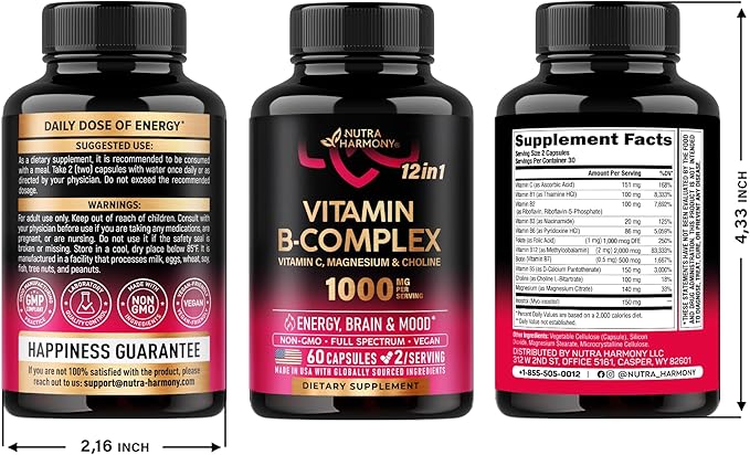 Vitamin B Complex for Men & Women - Made in USA - B-Complex: B1, B2, B3, B5, B6, B7, B8, B9, B12 with Vitamin C, Choline, Inositol - Energy, Brain & Heart Support Supplement, 60 Vegan Capsules