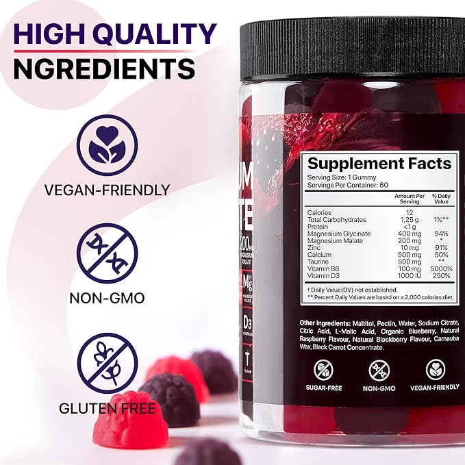 Magnesium Glycinate Gummies for Adults, Chewable Magnesium Gummy with Magnesium Glycinate 400mg, Malate 200mg, B6, Holy Basil - Magnesium Glycinate for Sleep Support - Sugar Free and Vegan