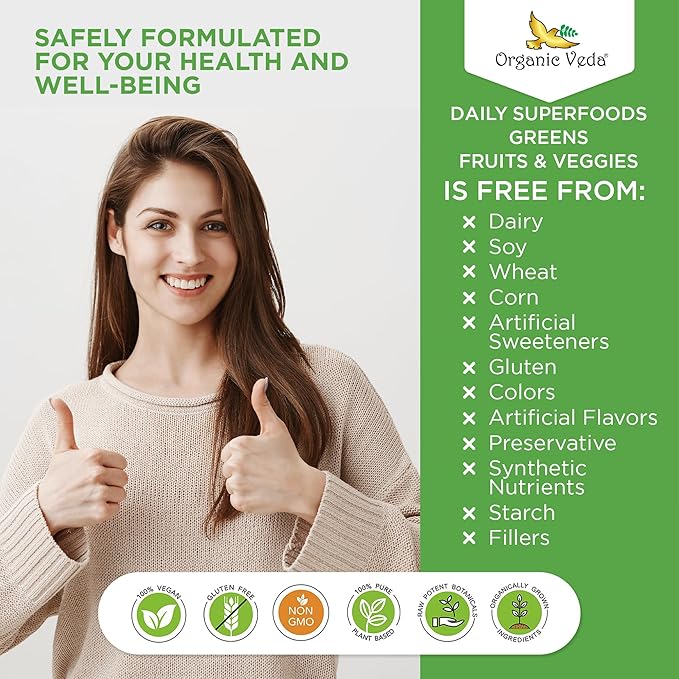 Organic Veda Superfood Greens Fruits & Vegetables 300 Capsules | 30 Daily Organic Fruits & Veggies with Chlorophyll, Papaya Enzymes, Acerola Vitamin C, Turmeric, Beet, Moringa, Green Tea Extract