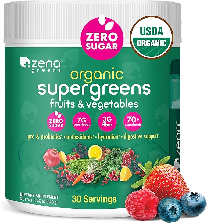 Zena Organic Super Greens Powder, 70+ Superfoods Drink Mix, 0 Sugar, 3G Fiber, Fruits, Veggies, Spirulina, Chlorella, Antioxidants, Pre & Probiotics, Digestive Enzymes, Mixed Berry Flavor, 30 Servings