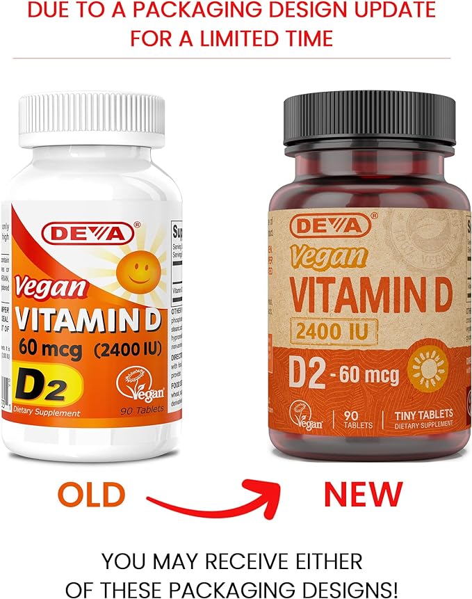 DEVA Vegan Vitamin D2 60 mcg 2400 IU, Ergocalciferol Supplement with No Animal Ingredients, 90 Tablets (Pack of 2)