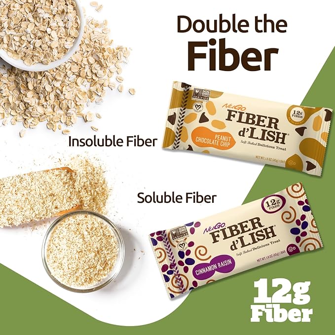 NuGo Fiber D'lish Variety Chocolate Brownie & Peanut Chocolate Chip, 12g High Fiber, Vegan, 5 Bars Each, 10 Count