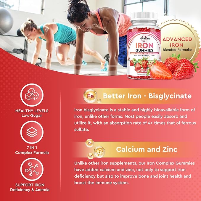 Iron Gummies - with Calcium, Zinc, Folate & Vitamin B12, C, B6 for Adults & Kids - Blood Builder & Energy Support for Iron Deficiency, Anemia, Vegan - 2 Pack Strawberry Flavour,60 Gummies