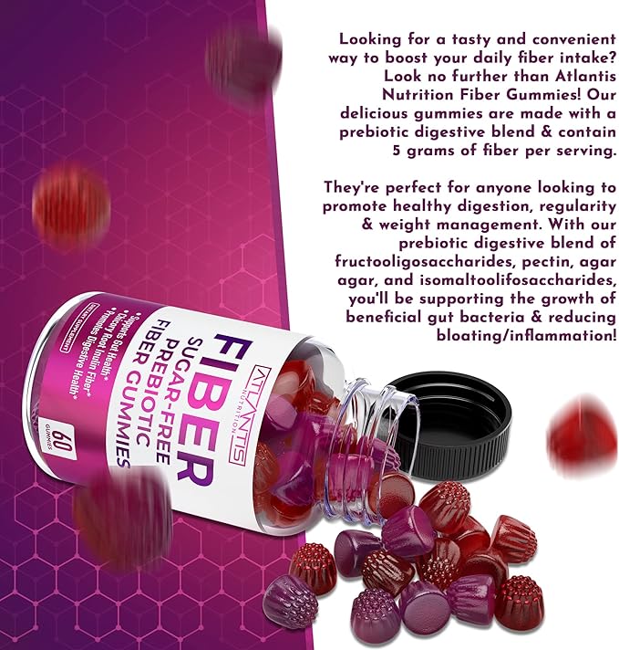 Atlantis Nutrition Sugar Free Fiber Gummies for Adults - 5G Fiber Supplement Formulated with 5.4G Prebiotic Digestive Blend - Supports Gut Health & Promotes Healthy Digestion - 2-Pack 120 Gummies
