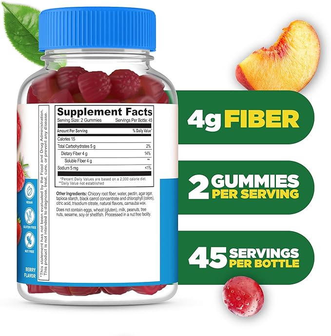 Lifeable Sugar Free Fiber Gummies for Adults | 4g | Great Tasting Fiber Supplement Gummies | Keto Friendly, Gluten Free, Vegan, Non GMO Prebiotic Fiber | for Digestive Health | 90 Gummies