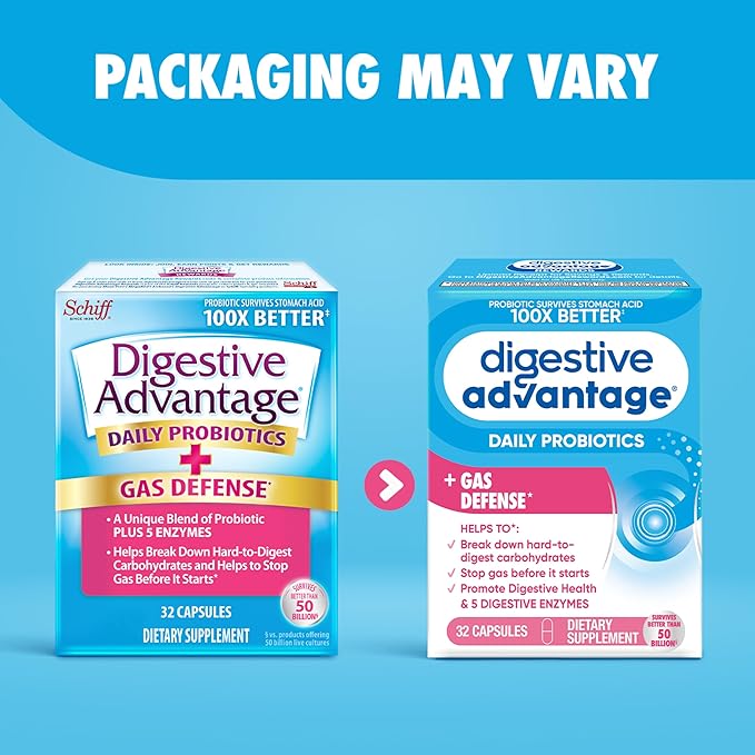 Digestive Advantage Gas Defense, Daily Probiotics for Women & Men Digestive Health with 5 Digestive Enzymes, Supports Gut Health & Stops Gas Before Start, with Immune Support, 32 Capsules