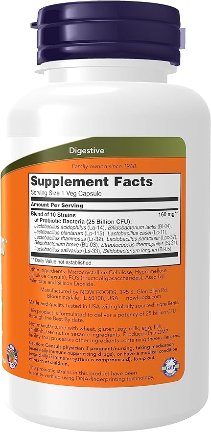 NOW Foods, Probiotic-10™, 25 Billion, with 10 Probiotic Strains, Dairy, Soy and Gluten Free, Strain Verified, 180 Veg Capsules