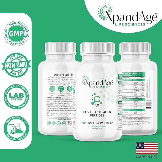 XpandAge's Bovine Collagen Peptides contain Biotin, Niacin, Vitamin C, Vitamin D, Thiamin, Paba, Hyaluronic acid, Turmeric, Bioperine, and more for healthy Hair, Nails, Beauty, Joint, and Bone health.