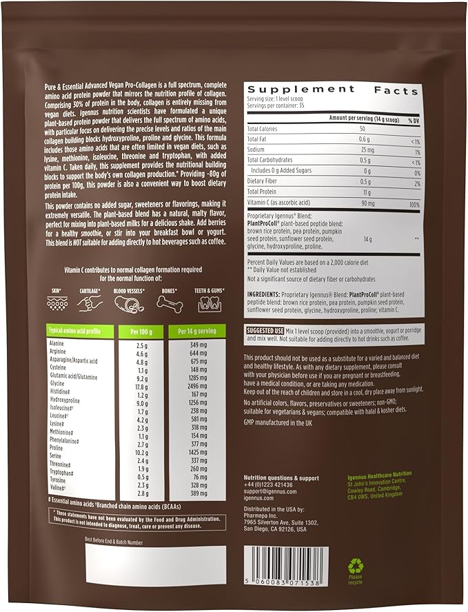 Vegan Collagen Peptide Powder, Enhanced with Glycine, Proline & Hydroxyproline & Cofactor Vitamin C, Non GMO, Complete Vegetarian Plant Based Collagen Powder Booster, 4 x 35 Servings, Pure & Essential