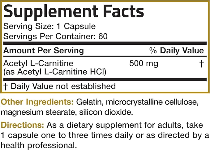 Bronson Acetyl L-Carnitine 500 MG High Potency Amino Acid Non-GMO, 60 Capsules