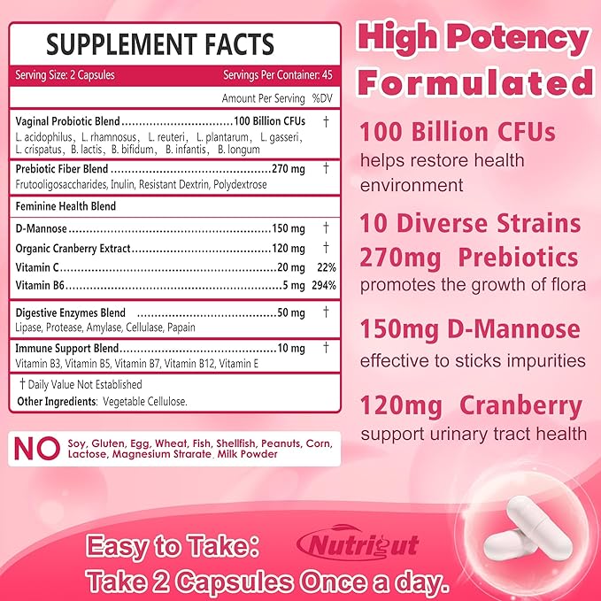 Probiotics for Women 100 Billion CFUs Probiotic and Prebiotics with Digestive Enzymes for Gut Health, Vaginal Probiotics with Cranberry and D-Mannose for Urinary Tract Health, pH Balance, 87 Capsules