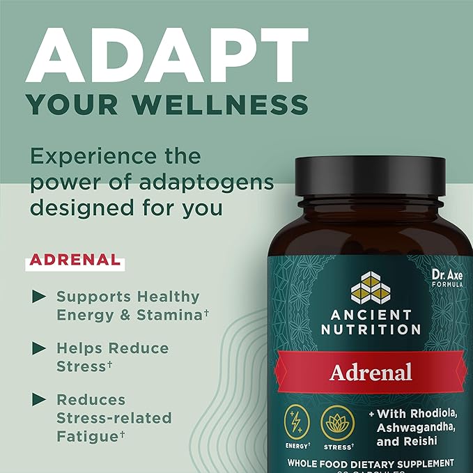 Adrenal Support with Ashwagandha Supplement by Ancient Nutrition, Helps Reduce Stress & Fatigue, Paleo and Keto Friendly, Gluten Free, 1300mg, 60 Capsules