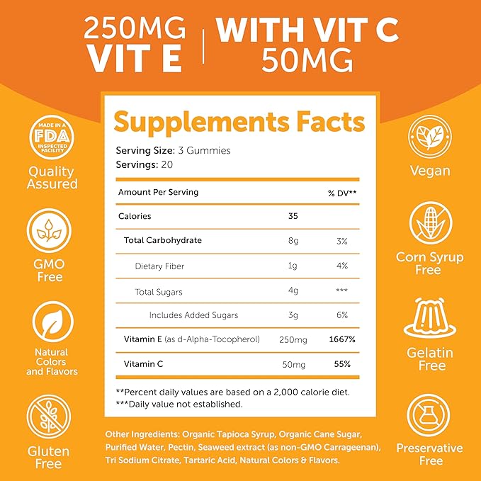 Vitamin E Gummies with Vitamin C - Tastiest Proprietary Formula - 250mg (400IU) Vit E - Antioxidant, Skin & Eye Health Support, Non-GMO, Vegan Vitamin E Supplement - Natural Vitamina E Gummy - 12 Pack