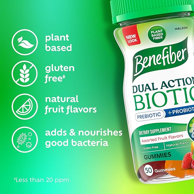 Benefiber Prebiotic Fiber Supplement Gummies with Probiotics for Digestive Health, Assorted Fruit Flavors - 50 Count