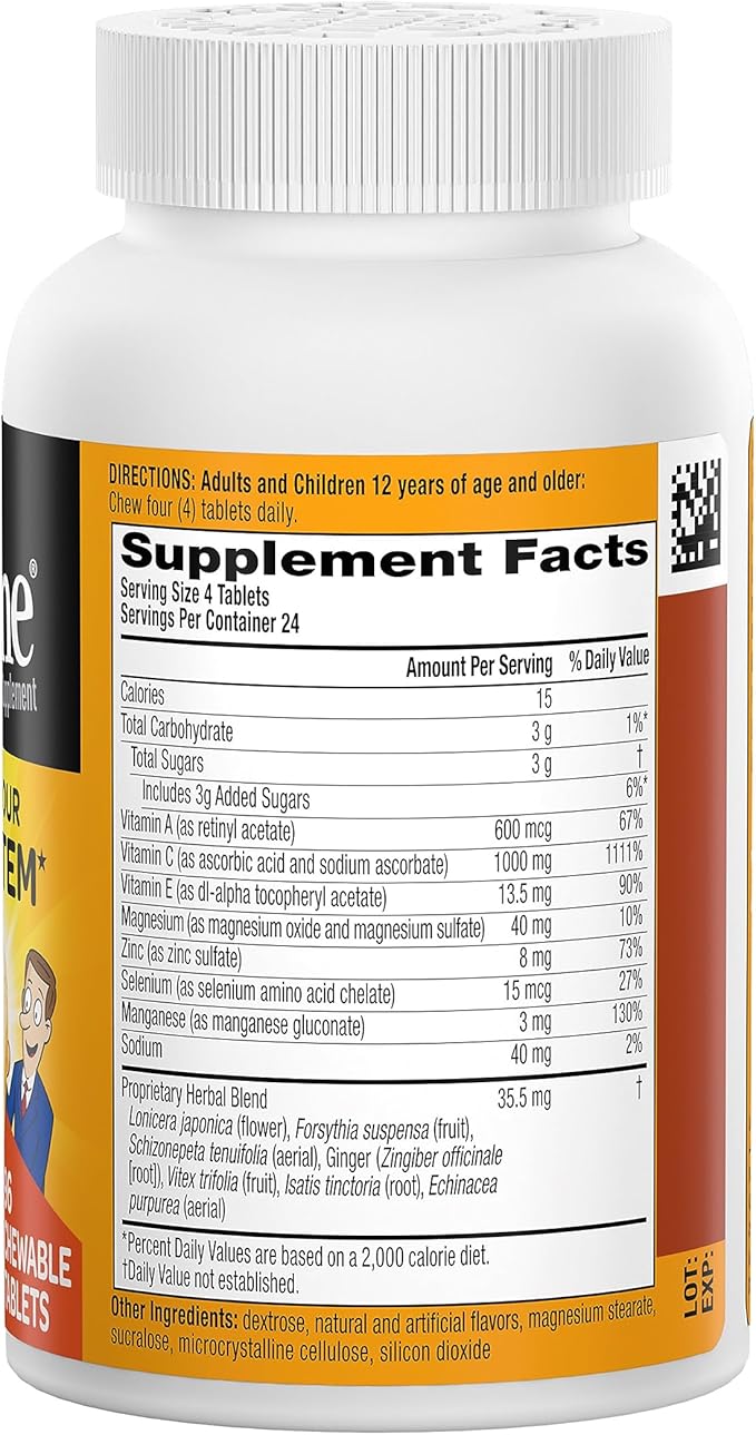 Airborne 1000mg Chewable Tablets with Zinc, Immune Support Supplement with Powerful Antioxidants Vitamins A C & E - 96 Tablets, Citrus Flavor
