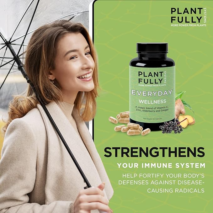 Wellness Supplement (30 Capsules) - Ginger, Elderberry, Vitamin C, and Zinc Blend to Support Immune Health and antioxidant Levels, Boost Immunity, Vegan, Non-GMO, Sugar Free