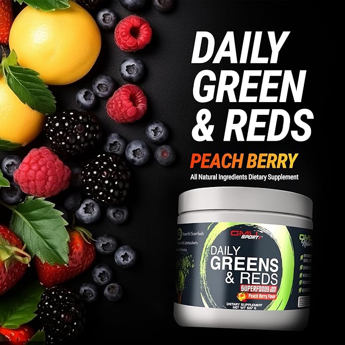 GMU SPORT Greens and Reds Superfood Powder - Reds and Greens Powder Supplement with 42 Superfoods, Antioxidants, Adaptogen and Probiotics for Digestive Health and Mental Focus - Peach Berry