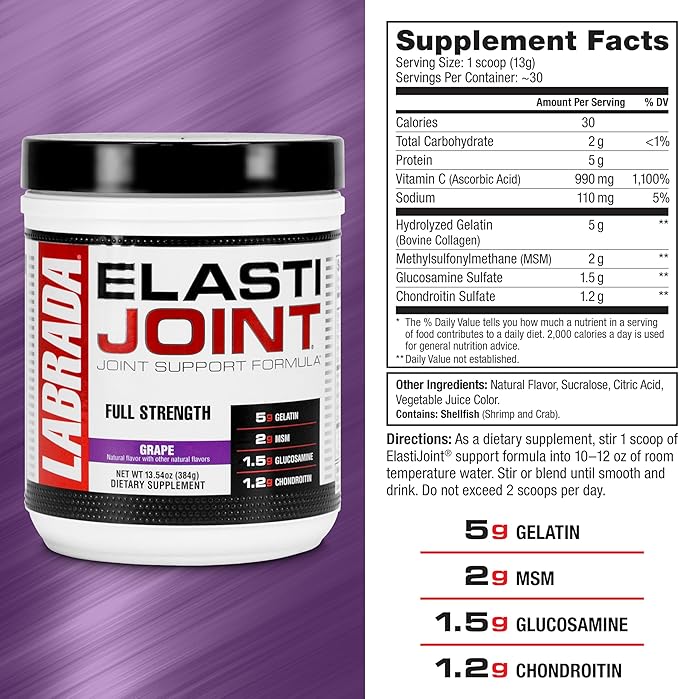 Labrada Nutrition Elastijoint, Grape - Glucosamine Joint Support Supplement Powder for Men & Women, Joint Pain Relief & Bone Health Supplement with MSM, Glucosamine Chondroitin MSM - Gluten-Free