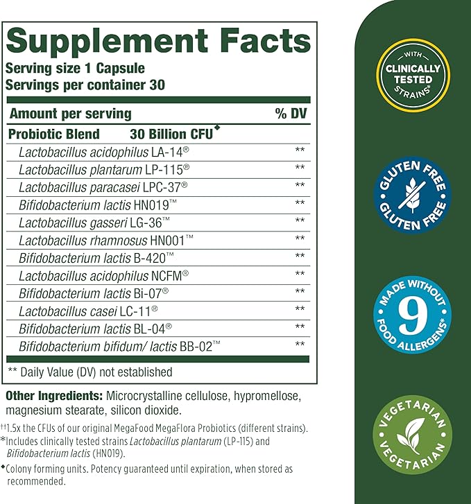 MegaFood Digestive Probiotic - 12 Strain Vegetarian Probiotics for Women & Men, 30 Billion CFUs, Support Gut Health, Probiotics for Digestive Health Help Relieve Occasional Gas & Bloating, 30 Capsules