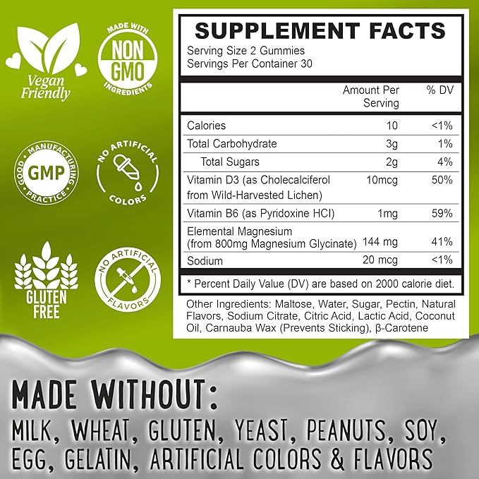 Magnesium Glycinate Gummies 400mg - Magnesium for Sleep, Calm, Relax & Muscle Relief with B6 & D3 and No Melatonin - Family-Friendly for Kids, Teens & Adults - Vegan & Non-GMO Supplement - 60 Count