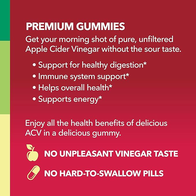 Organic Apple Cider Vinegar Gummies - ACV Gummies to Support Digestive Health and Gut Flora for Digestion - Natural Apple Flavor - 60 Organic, Vegan, and Non-GMO Apple Cider Vinegar Gummies