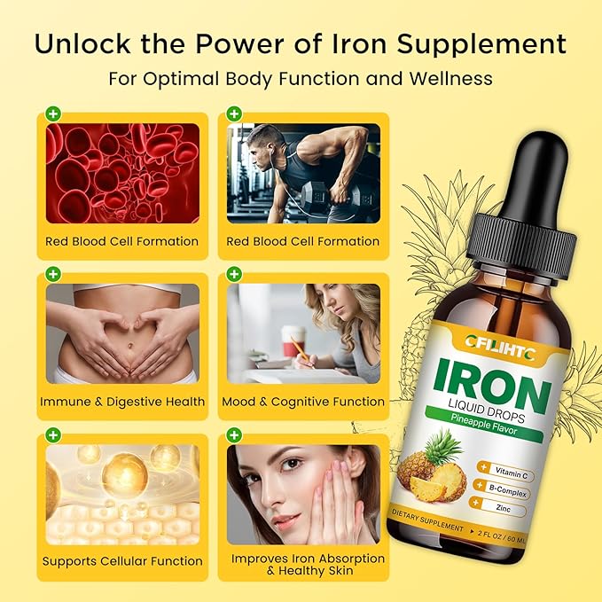 Liquid Iron Supplement for Women Men & Kids Multivitamin Iron Drops with Folate, Vitamin C, B6, B12, Zinc for Anemia, Iron Deficiency, Blood Builder, Energy - Natural Pineapple Flavor, Vegan 4 Fl Oz