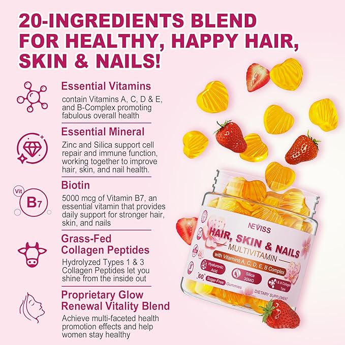 Sugar Free Multivitamin for Women Gummies with Biotin 5000mcg, Collagen MSM Hyaluronic Acid, Vitamin A C D3 E & B Complex and Methyl Folate & B12, Organic Multi Vitamins for Hair Skin Nails, Energy