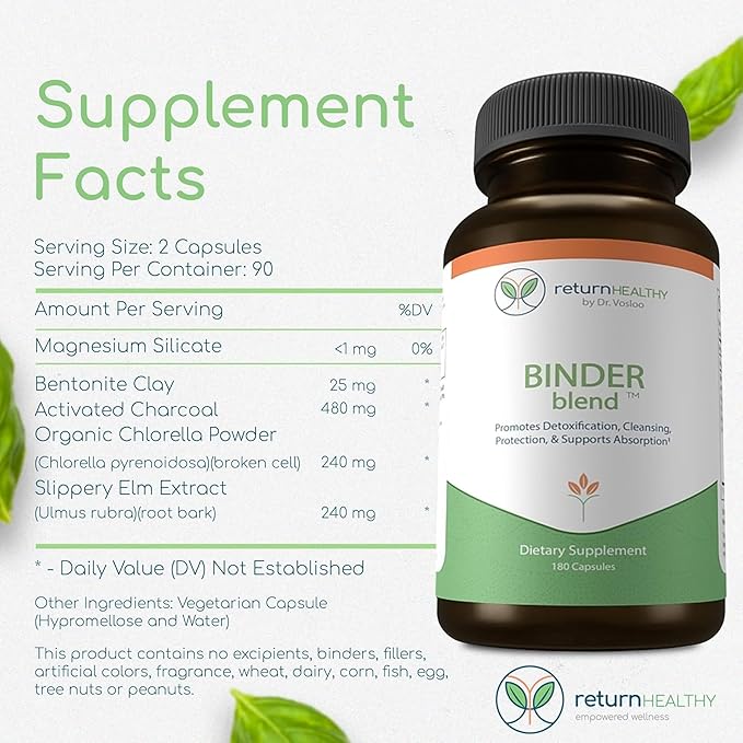 Binder Blend - Toxin Binder Supplement, Detox Capsules for a Healthy Gut - 180 Capsules - 90 Servings - 960mg Activated Charcoal & 480mg Organic Chlorella - Bloating Relief - Bentonite Clay, 3 Pack