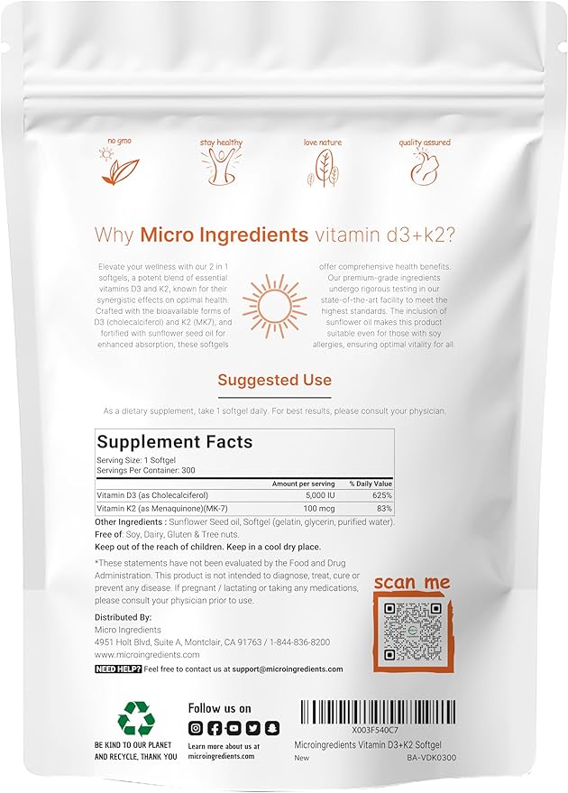 Micro Ingredients Vitamin D3 5000 IU with K2 100 mcg, 300 Soft-Gels | K2 MK-7 with D3 Vitamin Supplement, 2 in 1 Support Immune, Heart, Joint, Teeth & Bone Health - Easy to Swallow
