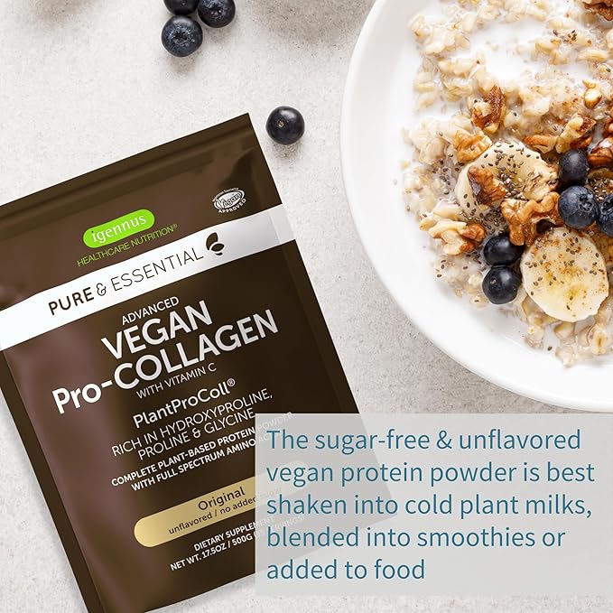 Vegan Collagen Peptide Powder, Enhanced with Glycine, Proline & Hydroxyproline & Cofactor Vitamin C, Non GMO, Complete Vegetarian Plant Based Collagen Powder Booster, 4 x 35 Servings, Pure & Essential