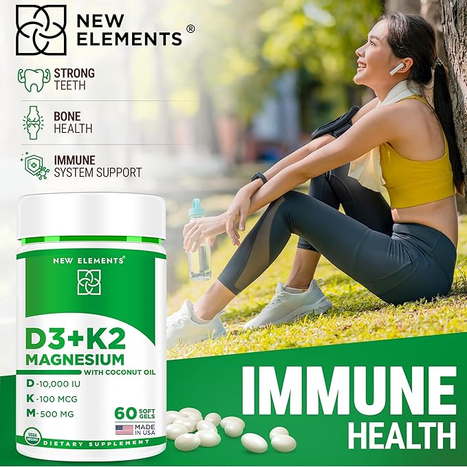 Vitamin D3 K2 10000 IU Organic Softgels for Men and Women with Magnesium Glycinate 500mg | Vitamin D & Magnesium Supplement for Bone Health | Immune Support | Non-GMO | Gluten-Free | Sugar Free