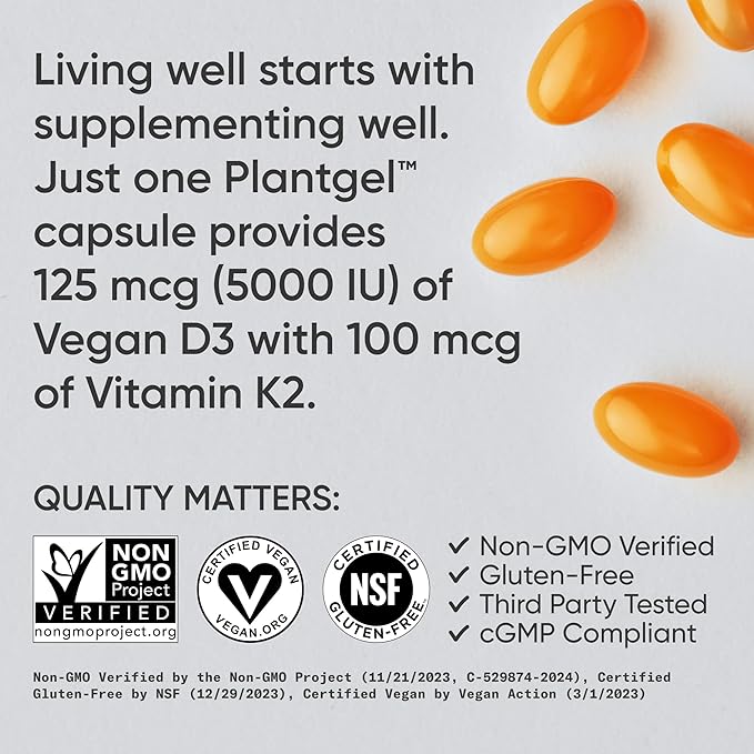 Sports Research Vitamin D3 K2 with Coconut Oil | Plant Based Vitamin K2 MK7 + Vegan D3 5000iu | Vegan Certified, Soy & Gluten Free - 60 Count Softgels