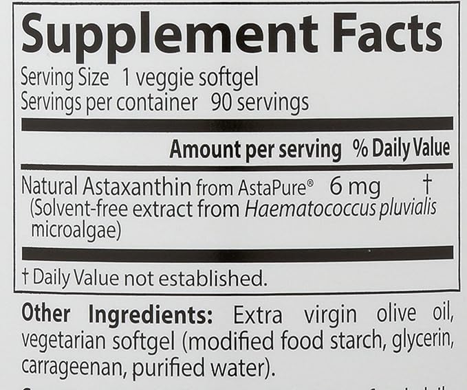 Doctor's Best Astaxanthin, Powerful Antioxidant, Skin, Eye Health, Non-GMO, Gluten Free, Vegan, Soy Free, 6 mg, 90VSG