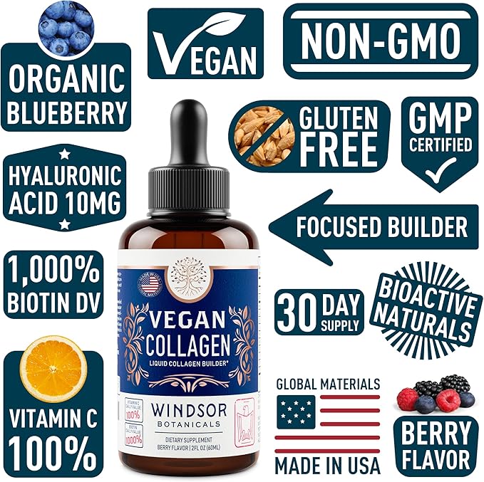 Vegan Collagen Builder Liquid Supplement - Collagen Booster with Vitamin C, Biotin, Hyaluronic Acid & Amino Acids - Vegetarian Collagen for Women, Organic Fruit & Vegetable Blend - 60ml, 30 Day