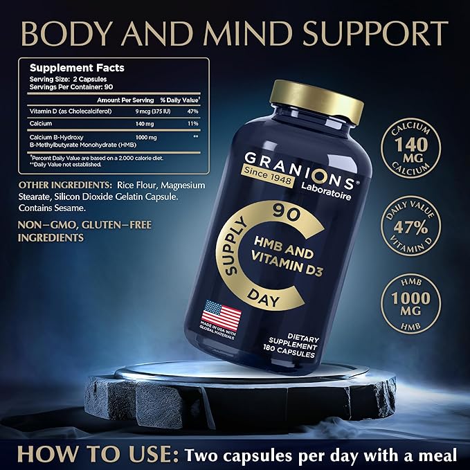 Vitamin D3 HMB Supplements - 1000 MG HMB Pre Workout and Recovery - 90 Servings