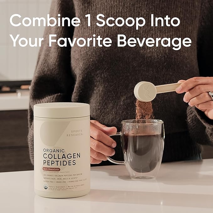 Sports Research Organic Collagen Powder - Hydrolyzed Type I & III Collagen Protein - USDA Organic, Gluten Free, Sustainably Sourced - Dark Chocolate - 30 Servings