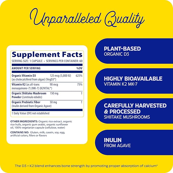 Enzymedica, Organic Vitamin D3+K2, 5,000 IU VIT D3 & 90 mcg VIT K2 MK-7, with Shitake Mushrooms & Prebiotic Fiber, Vegan, 60 Count