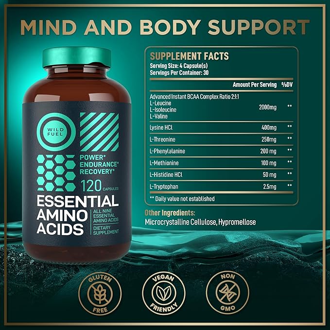 Essential Amino Acids Supplement - 3,000mg Amino Complex + All 9 Best Amino Acids for Muscle Growth, Power and Recovery - Leucine Amino Acid, Lysine, Isoleucine, Tryptophan - 120 Vegan, BCAA Capsules